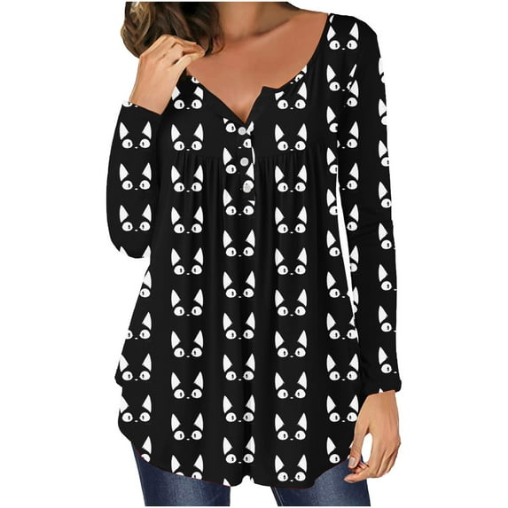 Floleo Clearance Womens Tops Long Sleeve Shirts Fall Clearance Women Casual T-shirt Printed Long Sleeve Round Neck Ruched Pullover Blouse Tops Black