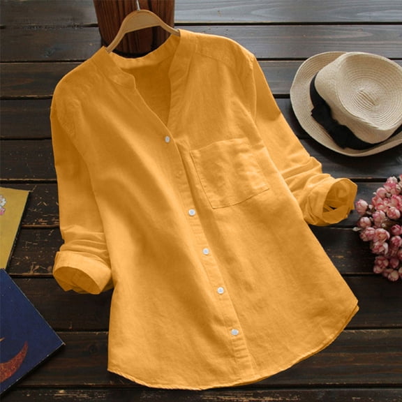 kayannuo Womens Tops Long Sleeve Shirts Fall Women Cotton linen Casual Solid Long Sleeve Shirt Blouse Button Down Tops Yellow