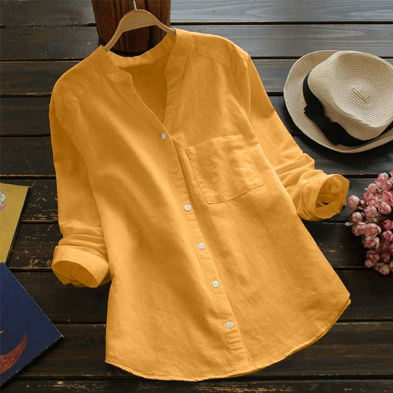 Kayannuo Clearance Womens Tops Long Sleeve Shirts Fall Clearance Women Cotton linen Casual Solid Long Sleeve Shirt Blouse Button Down Tops Yellow