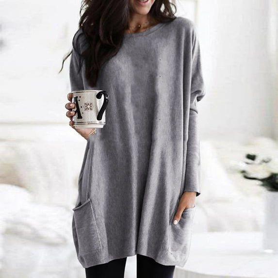 Floleo Clearance Womens Tops Long Sleeve Shirts Fall Clearance Women Long Sleeve Casual Loose Fit Tunic Tops With Pockets Crewneck Sweatshirts Gray