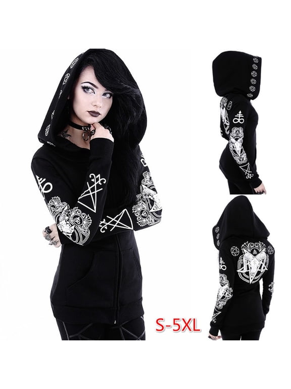 Womens Tops Long Sleeve Shirts Fall Women Loose Gothic Punk Long Sleeve Pockets Hooded Black Cardigan Zipper Jacket Coat Black