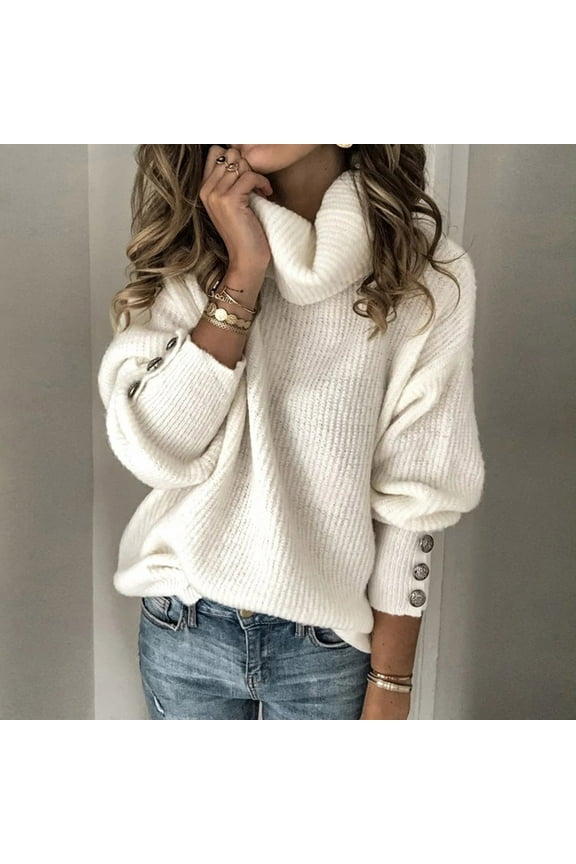 Womens Tops Long Sleeve Shirts Fall Women's Turtleneck Knitted Jumper Sweater Long Sleeve Elegant Casual Tops White