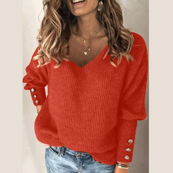 kayannuo Womens Tops Long Sleeve Shirts Fall Women's Turtleneck V-Neck Knitted Jumper Sweater Long Sleeve Elegant Casual Tops Orange