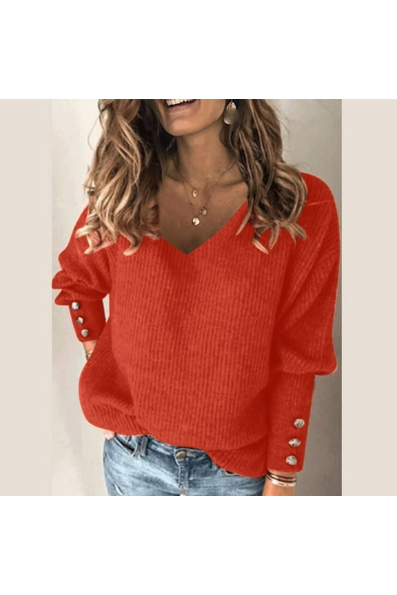 Womens Tops Long Sleeve Shirts Fall Women's Turtleneck V-Neck Knitted Jumper Sweater Long Sleeve Elegant Casual Tops Orange