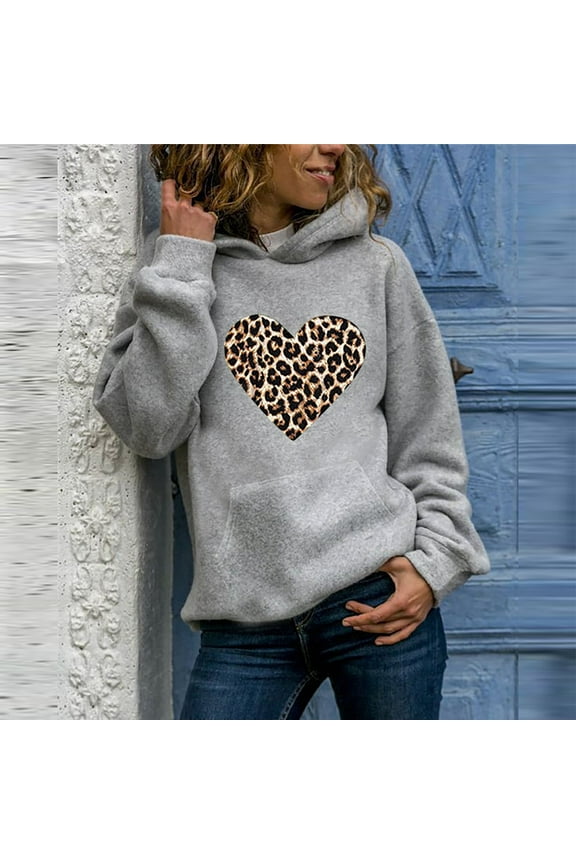 Womens Tops Long Sleeve Shirts Fall Womens Casual Hoodies Jumper Tops Ladies Leopard Print Sweatshirt Blouse Tee Gray