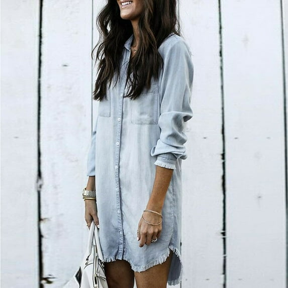 Floleo Clearance Womens Tops Long Sleeve Shirts Fall Clearance Women Autumn Fashion Loose Solid Tassel Casual Full-Sleeve Tops Denim Jacket Blouse Coat Blue