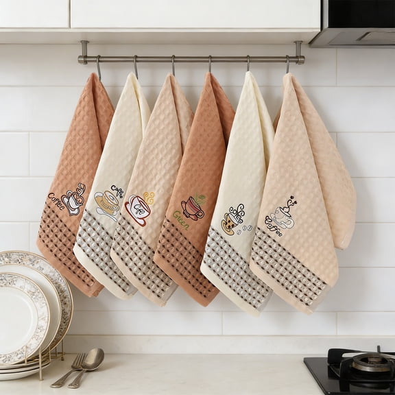 Floleo Coffee Waffle Weave Kitchen Towels, Embroidered Dish Towels, Absorbent Cotton Tea Towels, Cute Coffee Cup Pattern, Soft Kitchen Towels for Home Decor, Quick Dry Dishcloths