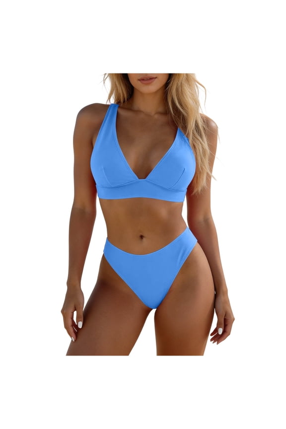 Deep V-Neck Triangle Bikini Set Wide Strap Crop Top with High-Cut Bottom Built-In Support for Beach & Pool Multiple Solid Colors(Blue,S)