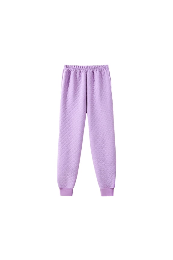 Diamond Quilted Cuffed Jogger Trousers, Womens Daily Full Length Casual Bottom Attire, Solid Padded Tapering Leg Slacks, All Elastic Waist Poly Blend Everyday Casual Wear (Purple,XL)