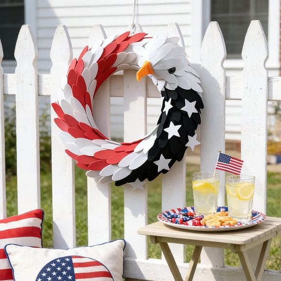 Floleo Eagle Patriotic Wreath for Front Door, Independence Day and Memorial Day Decor, Red White Black Bald Eagle Wall Hanging, USA Flag Theme Holiday Decoration for Home