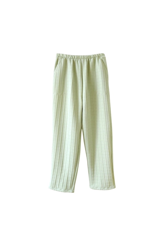Emboss Grid Straight Leg Trousers, Womens Daily Full Length Casual Bottom Attire, Solid Textured Relaxed Straight Cut Slacks, Full Elastic Waist Polyester Everyday Casual Wear (Green,M)
