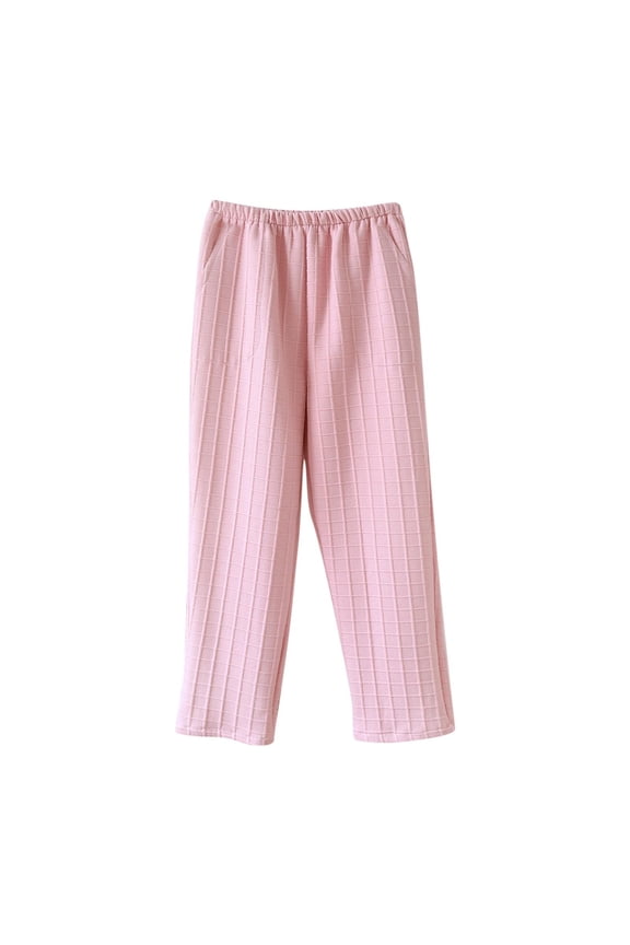Emboss Grid Straight Leg Trousers, Womens Daily Full Length Casual Bottom Attire, Solid Textured Relaxed Straight Cut Slacks, Full Elastic Waist Polyester Everyday Casual Wear (Pink,M)