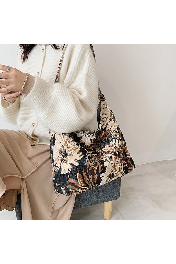 Floral Canvas Bag Magnetic Buckle Shoulder Bag Casual Tote Bag For Women Elegant Bucket Bag Purse Pockets Large Women Handbags Retro Purse Simple Work Bag