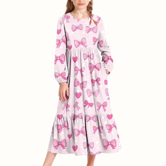 Floleo Girls Long Sleeve Round Neck Printed Casual Dress Side Pockets Versatile For Everyday Wear Comfortable Outfit For Daily Party Travel Party Games Beach Vacation(Multicolor,14Years)