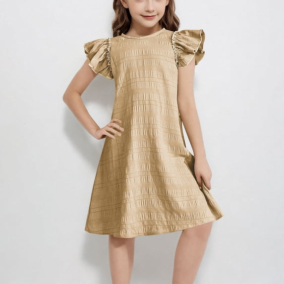 Floleo Girl's Sleeveless Solid Color Dress With Lace Sleeves Comfortable Breathable Cool Party Games Beach Walks Casual Cute Dress(Khaki,10Years)