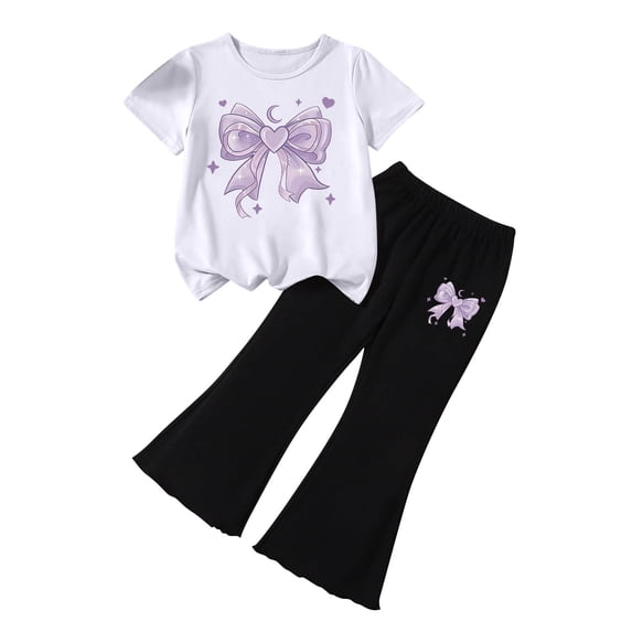 Floleo Girls 2 Piece Outfit Bow Graphic Short Sleeve Tee and Flare Leg Pants Set with Elastic Waist Casual Summer School Playdate Daily Wear