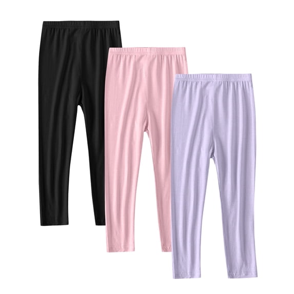 Floleo Girls 3 Pack Stretchy Full Length Leggings Soft Breathable Kids Casual Pants for School Play Daily Wear Solid Color Basic Bottoms