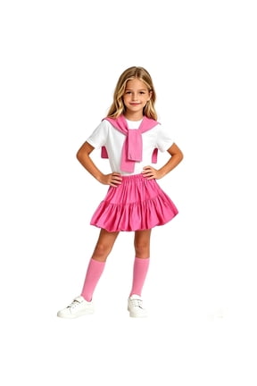 Girls' 4-Piece Sailor Style Outfit Set, Short Sleeve Top With Shawl, Ruffle Skirt And Socks, Colorful Nautical Wear For Kids And Special Occasions(Hot Pink,7-8Years)