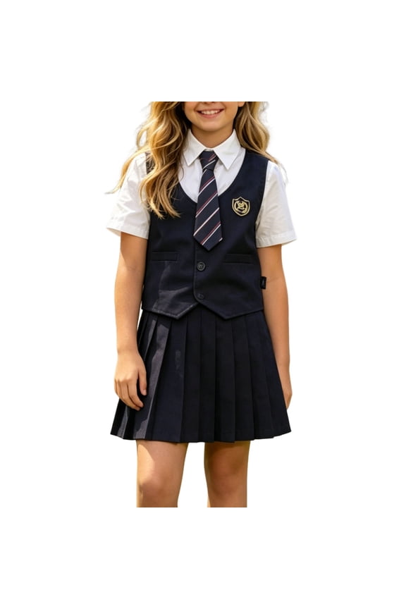Girls' 4-Piece School Uniform Set, Short Sleeve Shirt With Vest, Tie And Pleated Skirt, Formal Preppy Wear For Kids And Students(Navy,9-10Years)
