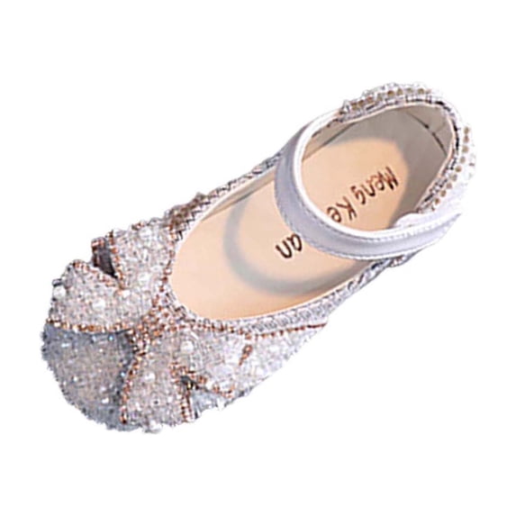 Floleo Girls' Beaded Rhinestone Bow Mary Jane Flats Adjustable Strap Sparkly Princess Shoes for Toddlers & Little Girls Birthdays Weddings and Special Events(Beige,5.5-6 Years)