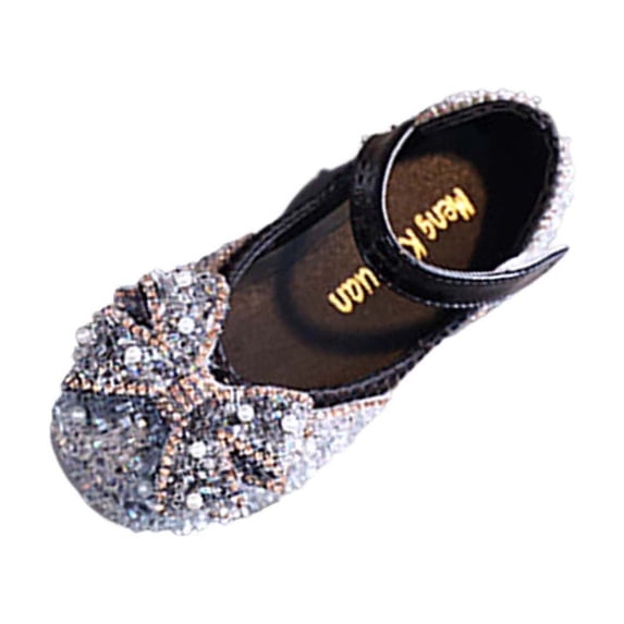 Floleo Girls' Beaded Rhinestone Bow Mary Jane Flats Adjustable Strap Sparkly Princess Shoes for Toddlers & Little Girls Birthdays Weddings and Special Events(Black,6.5-7 Years)