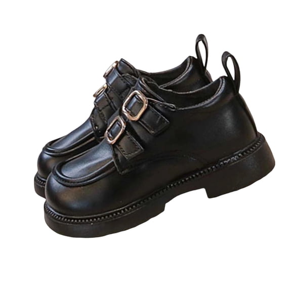 Floleo Girls' British Style Buckle Loafers Toddler/Little Kid Chunky Sole Leather Shoes Adjustable Strap Casual Dress Shoes Classic Solid Color Shoes for School & Daily Wear(Black,9.5-10 Years)