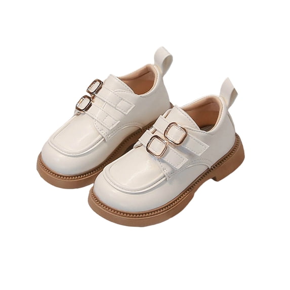 Floleo Girls' British Style Buckle Loafers Toddler/Little Kid Chunky Sole Leather Shoes Adjustable Strap Casual Dress Shoes Classic Solid Color Shoes for School & Daily Wear(Beige,4-4.5 Years)
