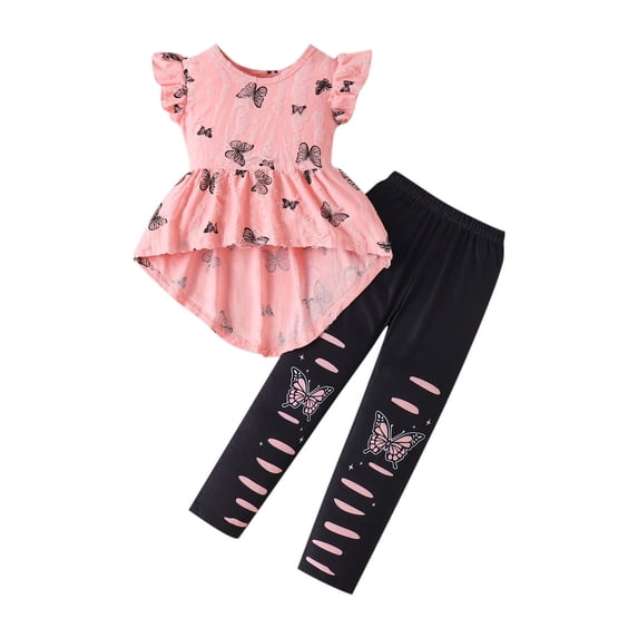 Floleo Girls Butterfly Print Flutter Sleeve Top and Ripped Leggings Set Cute Summer 2 Piece Outfit for School Daily Play