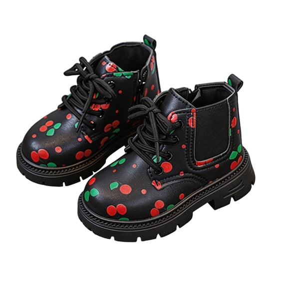 Floleo Girls Cherry Print Ankle Boots Lace Up Side Zipper Textured Sole Winter Shoes for School Outdoor Play and Casual Daily Wear