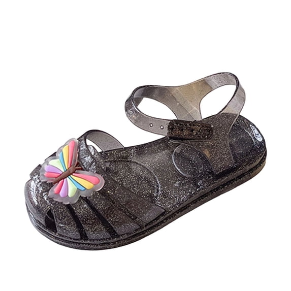 Floleo Girls' Colorful Butterfly Jelly Sandals, Adjustable Buckle Strap Non-Slip Waterproof Thick Sole Kids Summer Beach Shoes (Black,3.5-4 Years)