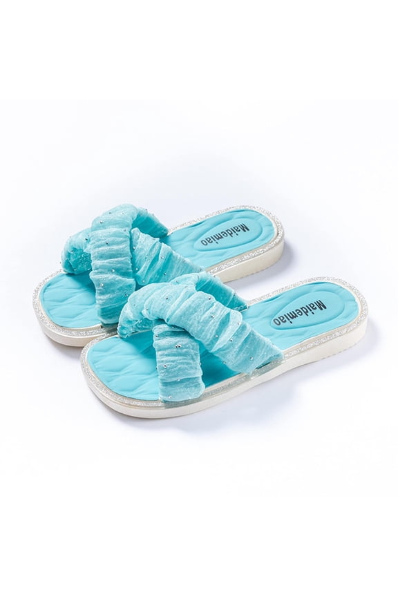 Girls' Crinkled Fabric Rhinestone Slide Sandals Kids Soft Cushioned Casual Slippers Non-Slip Open-Toe Summer Shoes Versatile Beach Footwear(Blue,2 Years)