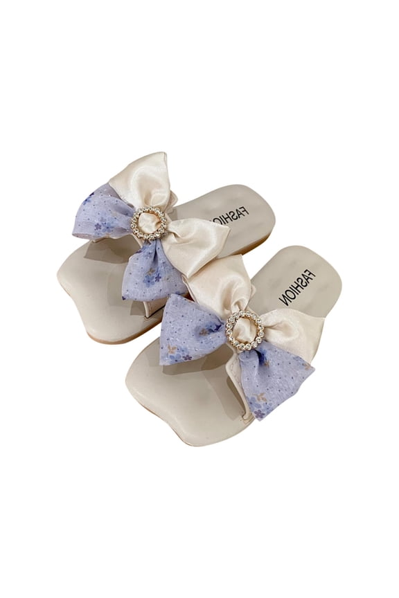 Girls' Floral Satin Bow Rhinestone Slide Sandals Kids Soft Cushioned Casual Slippers Non-Slip Open-Toe Summer Shoes Versatile Beach Footwear(Purple,4.5 Years)