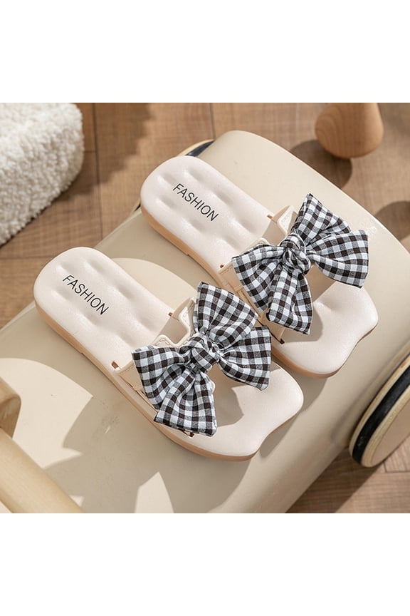 Girls' Gingham Bow Slide Sandals Kids Soft Cushioned Casual Slippers Non-Slip Open-Toe Summer Shoes Versatile Beach Footwear(Black,10 Years)