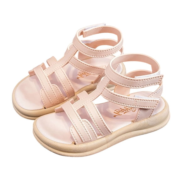 Floleo Girls Gladiator-Style Open-Toe Sandals, Dual Adjustable Hook-and-Loop Straps, Three-Tone Non-Slip Soft Sole Summer Footwear(Pink,5.5-6 Years)