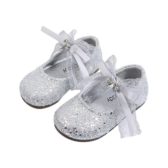 Floleo Girls' Glitter Mary Jane Princess Shoes Toddler/Little Kid Lace & Rhinestone Bow Dress Shoes Soft Non-Slip Sole Party Flats Adjustable Strap Casual Shoes (Silver,10-10.5 Years)