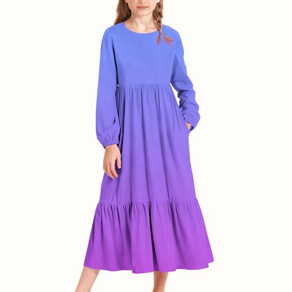 Floleo Girls Gradient Long Sleeve Dress With Side Pockets Casual Round Neck Playwear Comfortable Breathable Outfit For Daily Party Games Beach Vacation Play(Dark Blue,10Years)