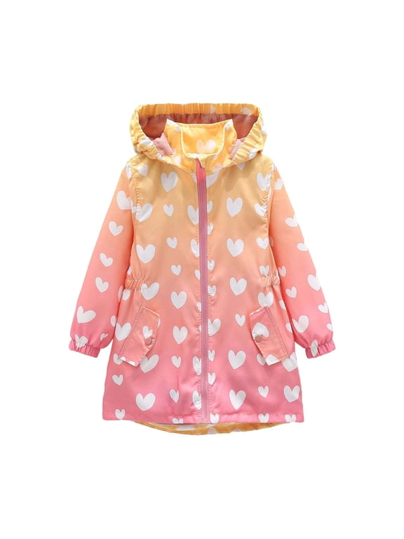 Girls Heart Print Hooded Jacket Long Sleeve Warm Fleece Lined Zip Up Coat with Pockets for School Outdoor Fall Winter Daily Wear