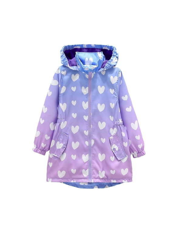 Girls Heart Print Hooded Jacket Long Sleeve Warm Fleece Lined Zip Up Coat with Pockets for School Outdoor Fall Winter Daily Wear