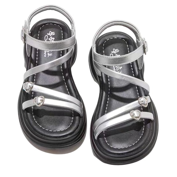Floleo Girls Heart Rhinestone Open-Toe Sandals, Adjustable Ankle Strap Footwear, Two Tone Non-Slip Soft Sole Kids Summer Casual & Dress Shoes(Silver,5 Years)
