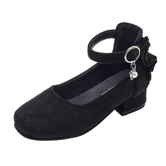 Floleo Girls Heeled Mary Janes Kids Dress Shoes Bow Accent Ankle Strap Shoes Footwear for Little Girls Special Formal Events(Black,9 Years)