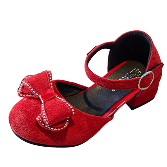 Floleo Girls Heeled Mary Janes Kids Dress Shoes Rhinestone Bow Ankle Strap Shoes Footwear for Little Girls Special Formal Events(Red,8 Years)