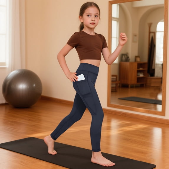 Floleo Girls High Waisted Yoga Leggings Soft Breathable Playwear with Pockets for Comfortable Stretchy Activewear Gym Dance and Everyday Wear(Navy,4 Years)