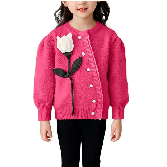 Floleo Girls Knit Cardigan Sweater Tulip Applique Pearl Button Front Round Neck Warm Outerwear for School Daily Fall Winter Casual Wear