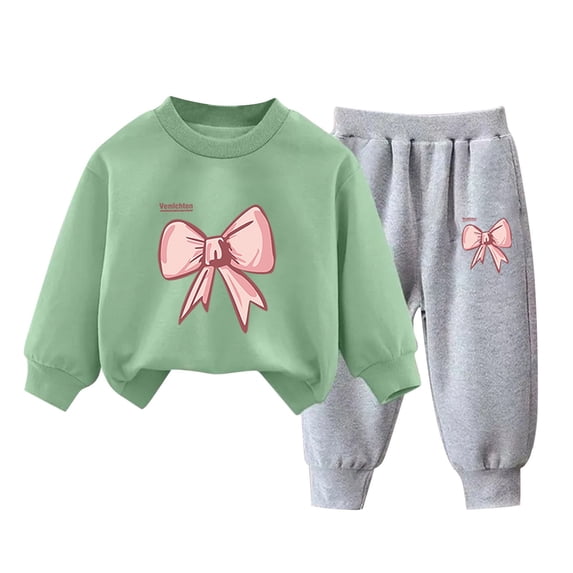 Floleo Girls Long Sleeve Bow Print Crew Neck Sweatshirt and Jogger Pants Set Casual 2 Piece Outfit for School Play and Everyday Wear