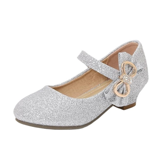 Floleo Girls' Ombre Glitter Bow Heeled Mary Janes Rhinestone Accent Adjustable Strap Dress Shoes for Toddlers & Little Girls Parties Recitals and Special Occasions(Silver,14.5-15 Years)