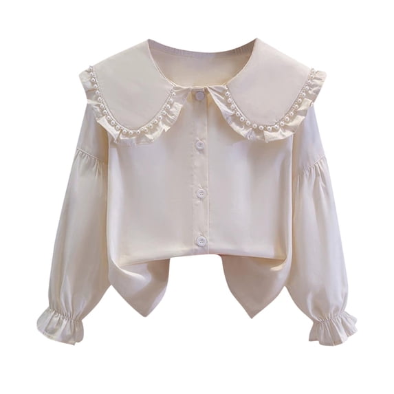 Floleo Girls Pearl Ruffle Peter Pan Collar Long Sleeve Blouse Button Front Irregular Hem Lightweight Casual Shirt for Kids Ages 3 to 14(Beige,5 Years)