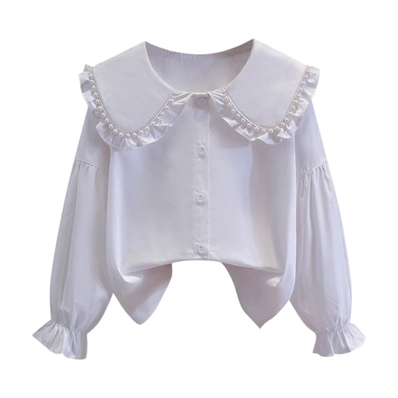 Floleo Girls Pearl Ruffle Peter Pan Collar Long Sleeve Blouse Button Front Irregular Hem Lightweight Casual Shirt for Kids Ages 3 to 14(White,7 Years)
