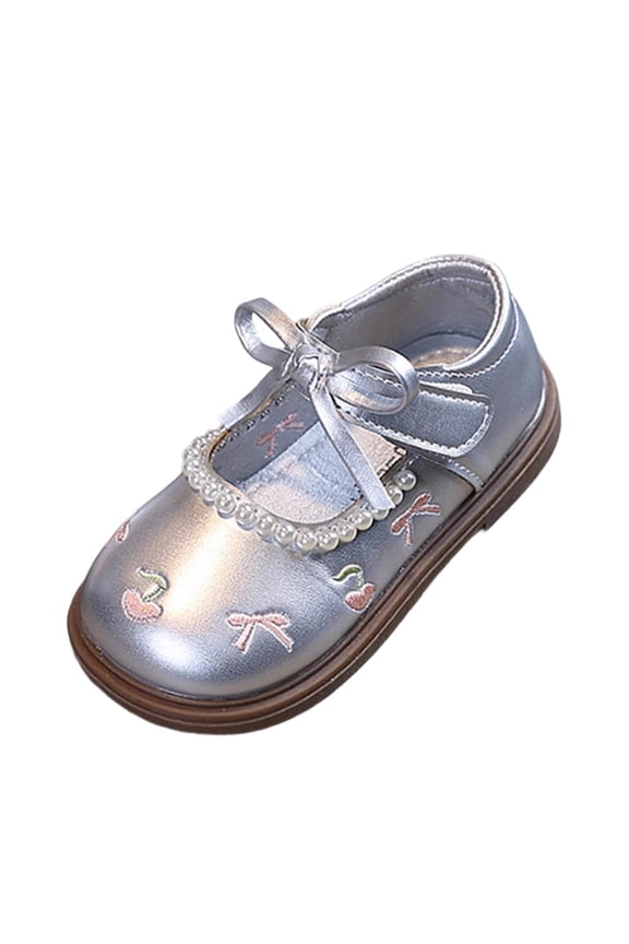 Girls' Pearl-Trimmed Embroidered Mary Jane Shoes Adjustable Strap Dressy Flats with Bow Accent for Toddlers and Little Girls Parties and Everyday Wear(Silver,4-4.5 Years)
