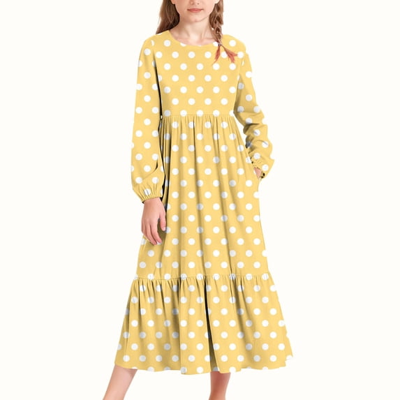 Floleo Girls Printed Embellishments Long Sleeve Dress With Side Pockets Casual Round Neck Playwear Comfortable Breathable Outfit For Daily Party Games Beach Vacation Play(Yellow,6Years)