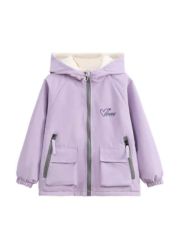 Girls Reversible Fleece Lined Waterproof Hooded Zip Up Jacket with Heart Print and Flap Pockets Casual Outerwear for School Daily Wear and Outdoor Activities